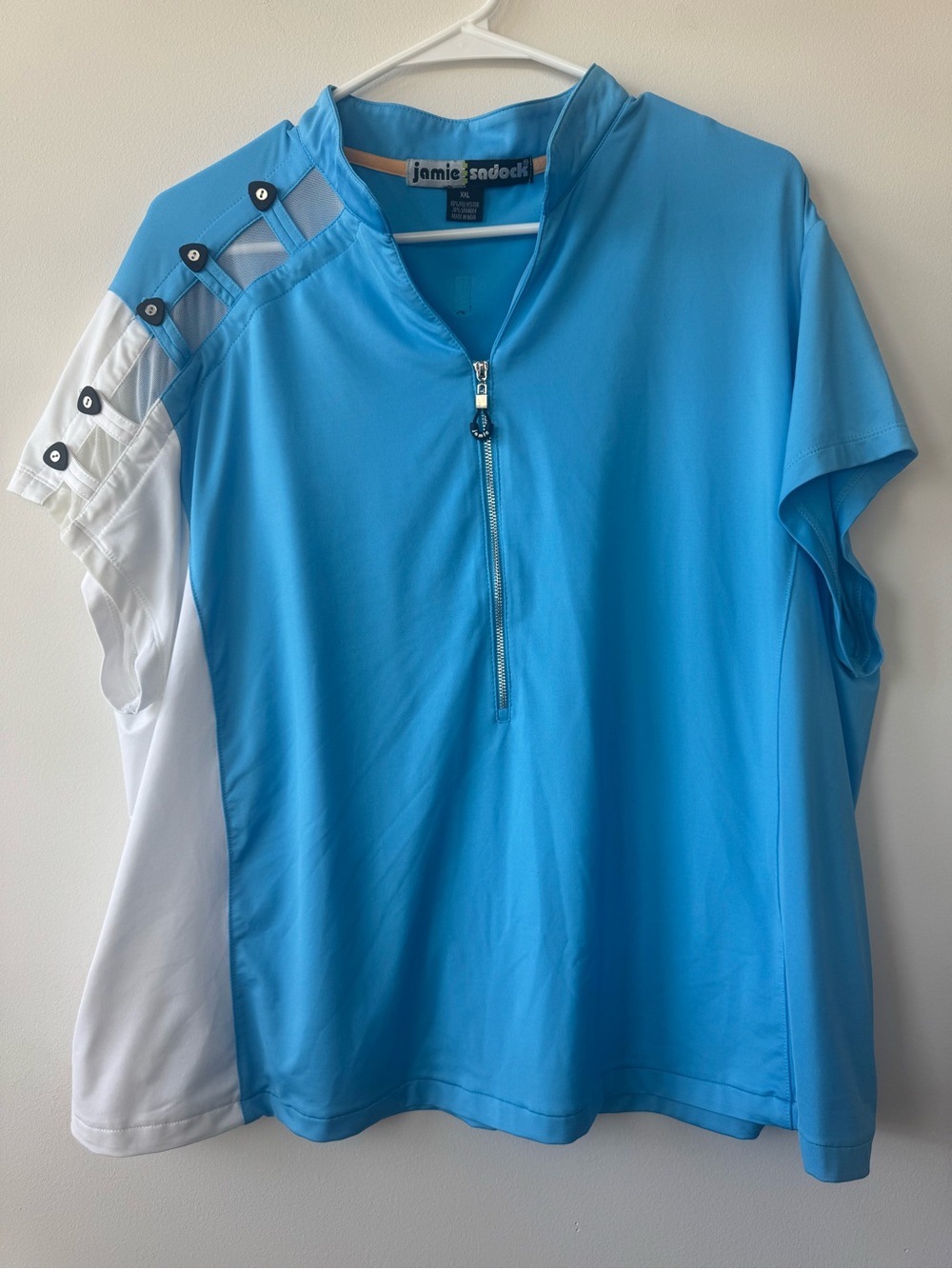Jamie Sadock Blue and White Short Sleeve Golf Top Quarter Zip Sz XL